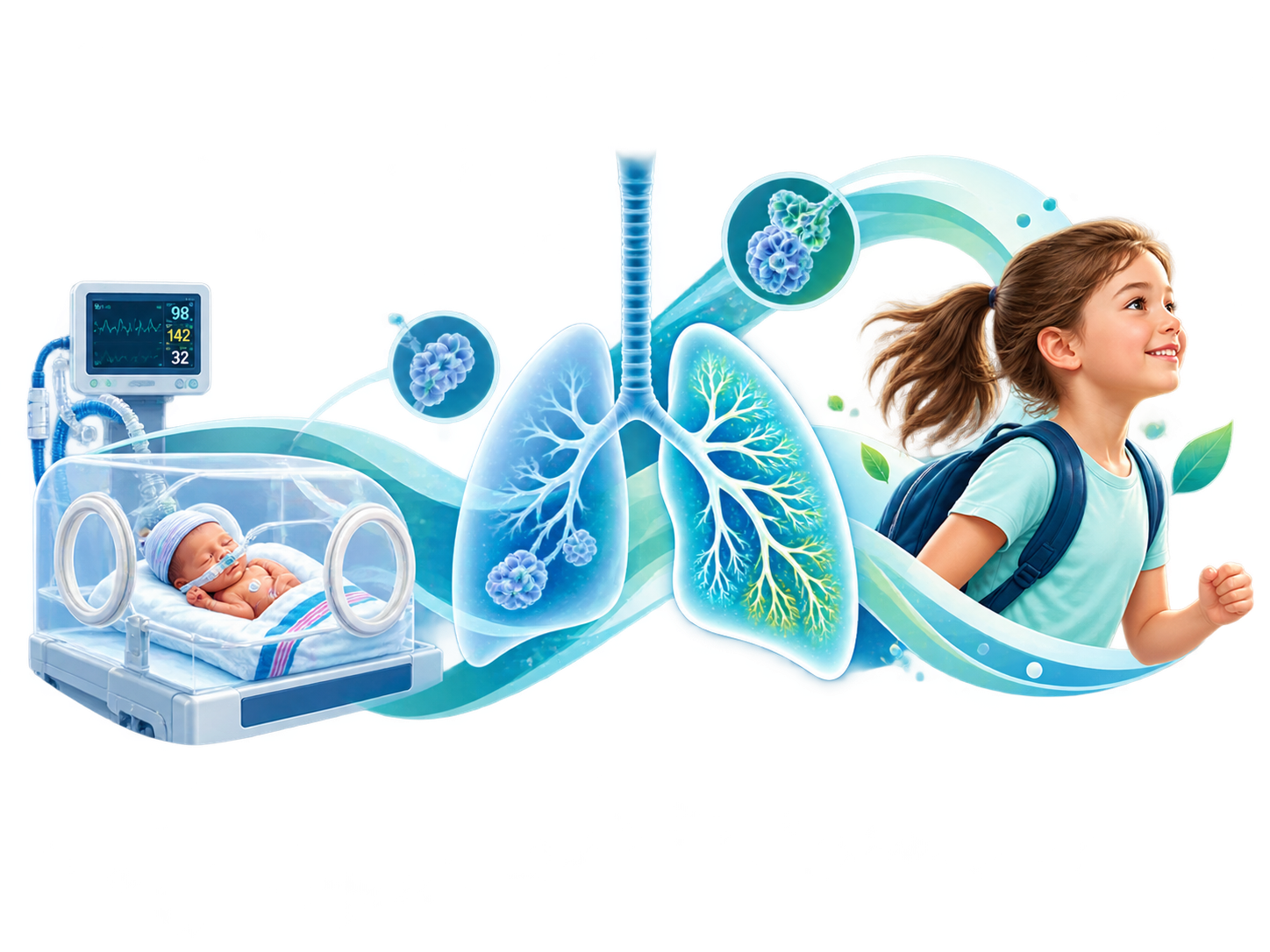 Illustration showing the journey from a premature baby in neonatal care to childhood lung health and growth.