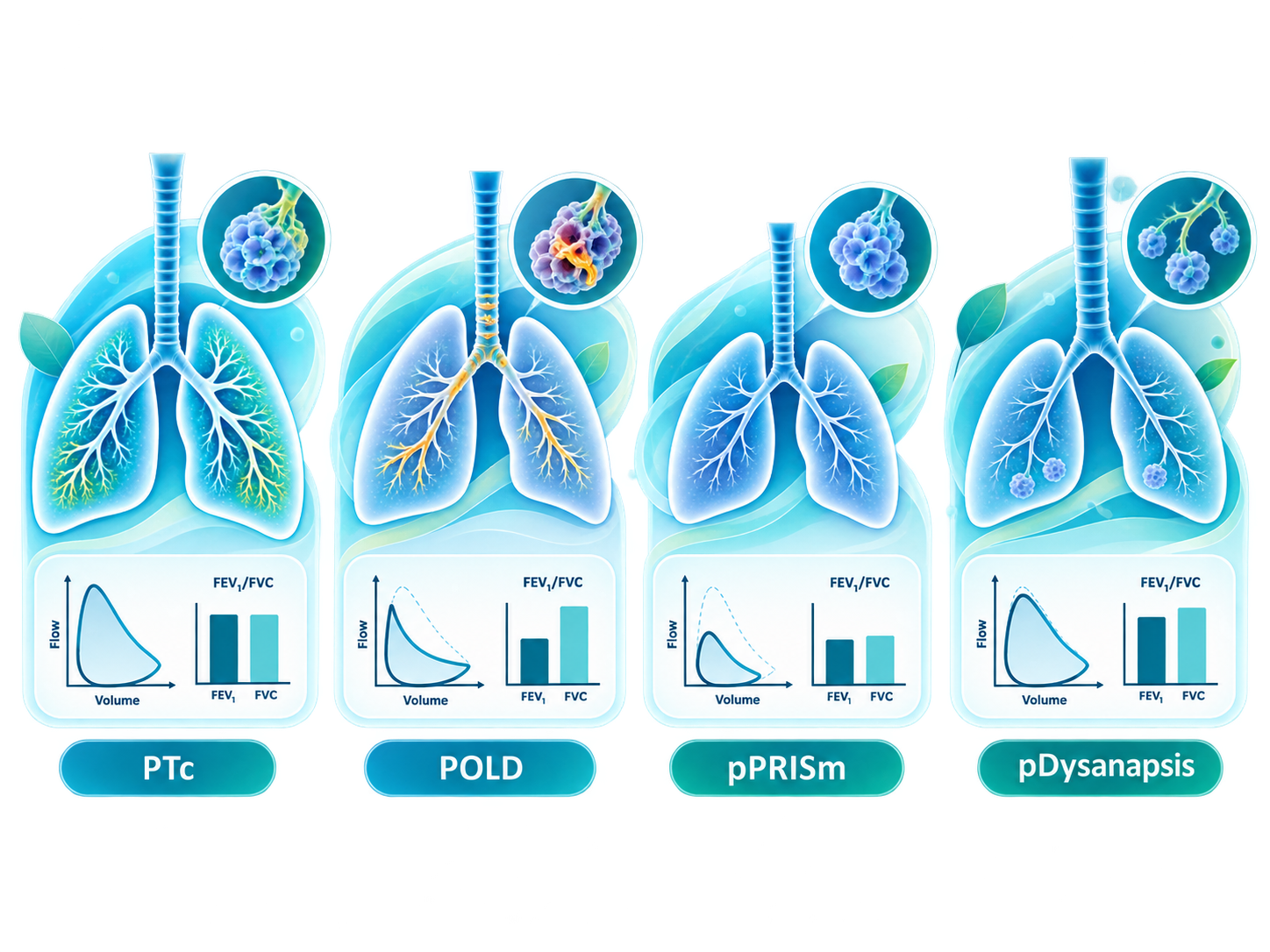Illustrated overview of prematurity-associated lung disease phenotypes: PTc, POLD, pPRISm and pDysanapsis.