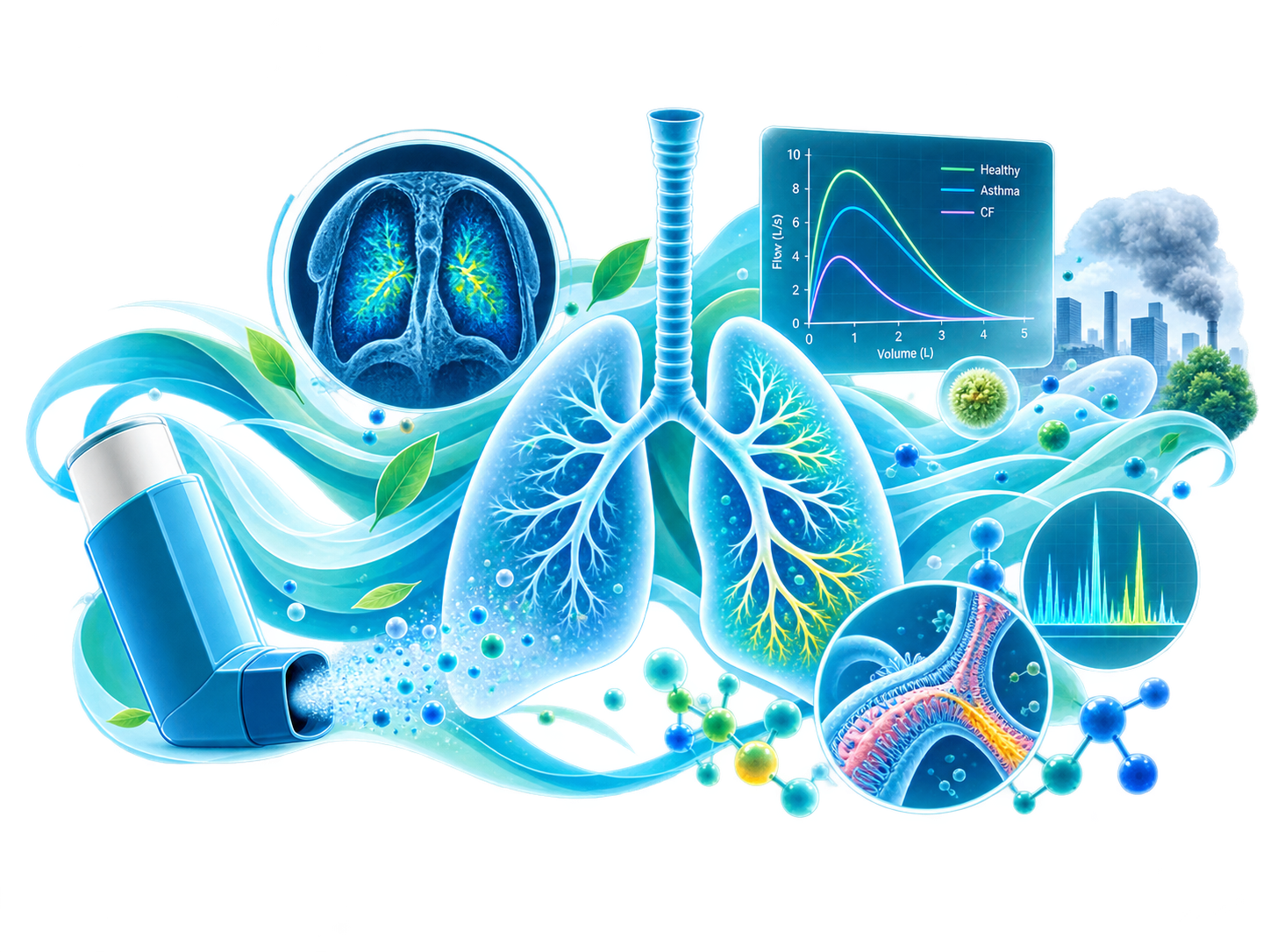 Collage showing pulmonary research themes including inhaled treatment, imaging, environment, spirometry and molecular biology.
