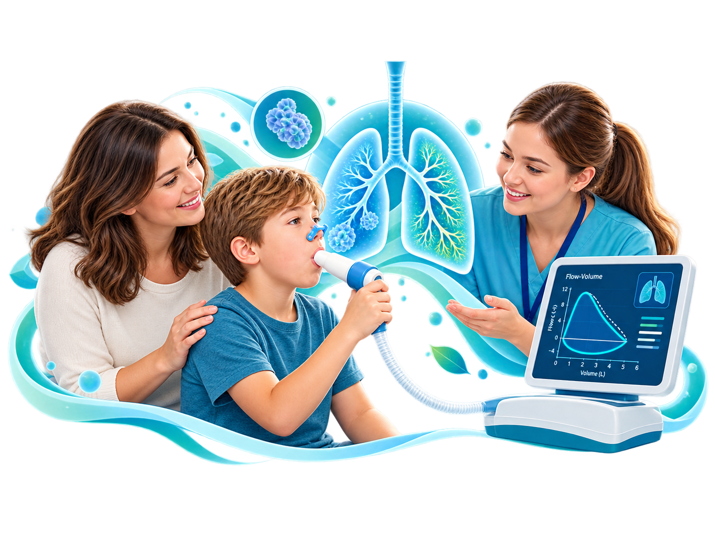 Illustration of a child performing spirometry with support from a parent and clinician.